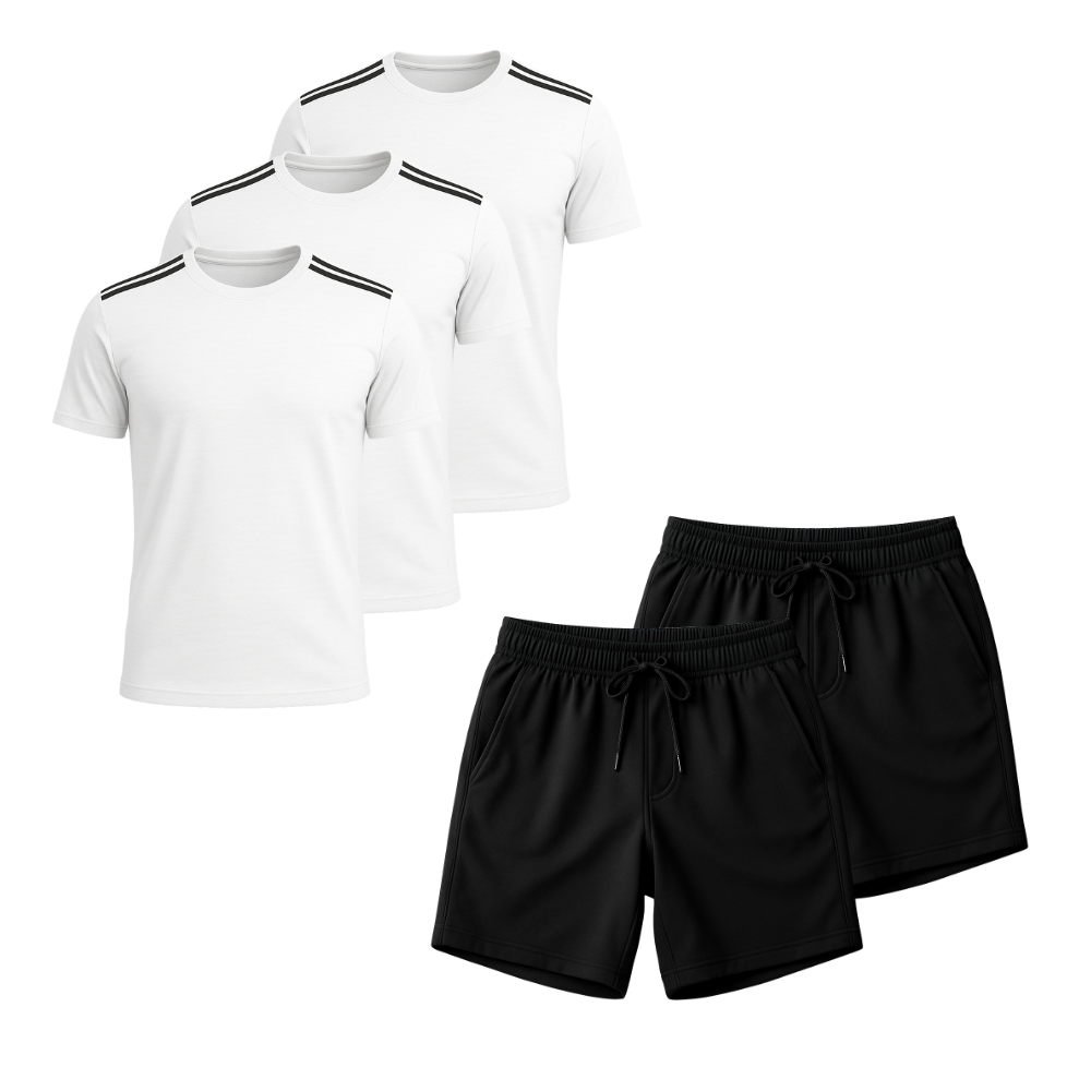 Kit 5 Peças Dry Fit: 3 Camisetas + 2 Bermudas