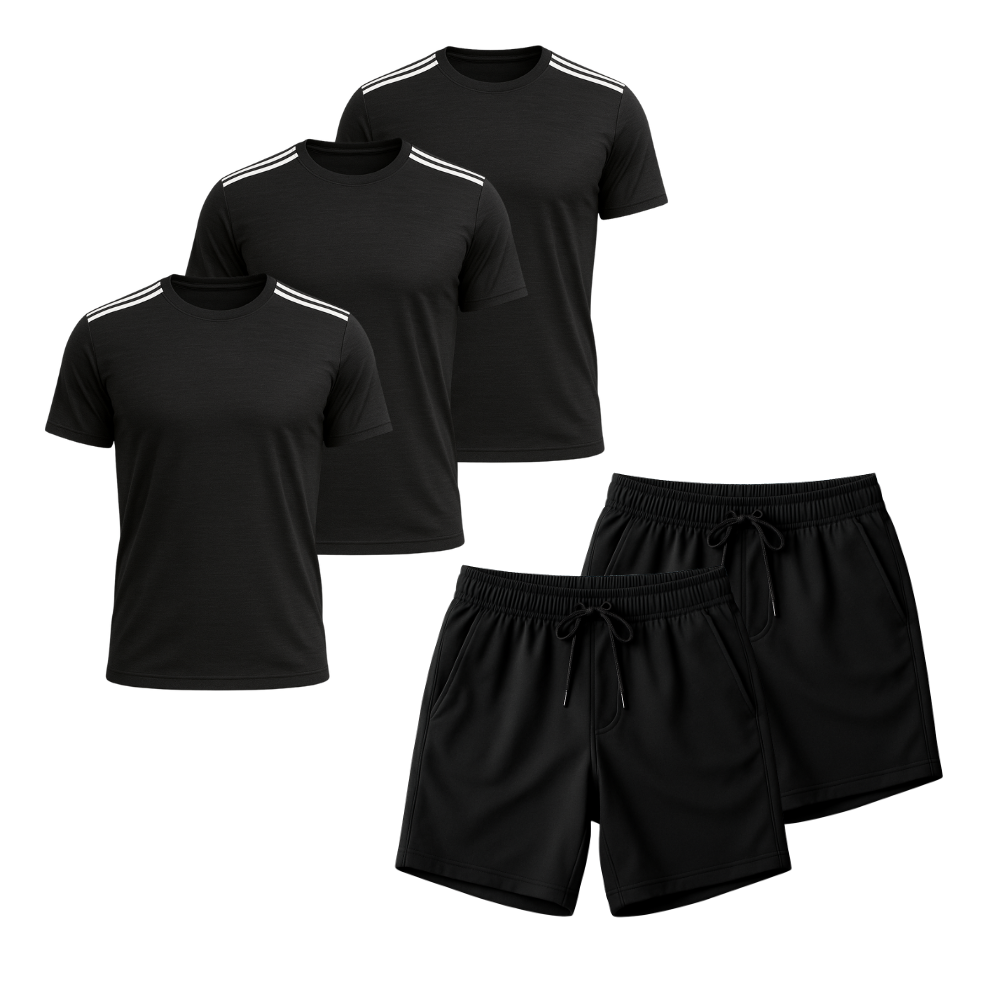 Kit 5 Peças Dry Fit: 3 Camisetas + 2 Bermudas